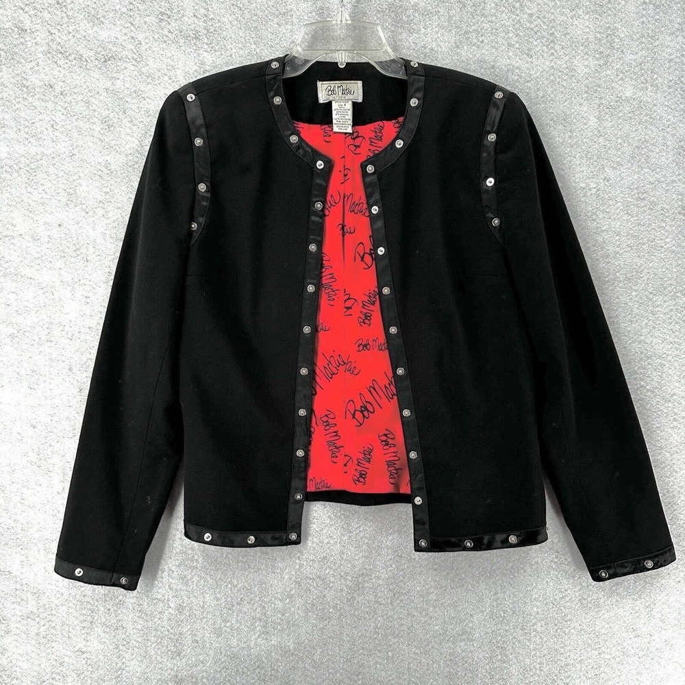 Bob Mackie Studio‎ Blazer Jacket Size 6 Black Studded Snap Trim Red Logo Lining